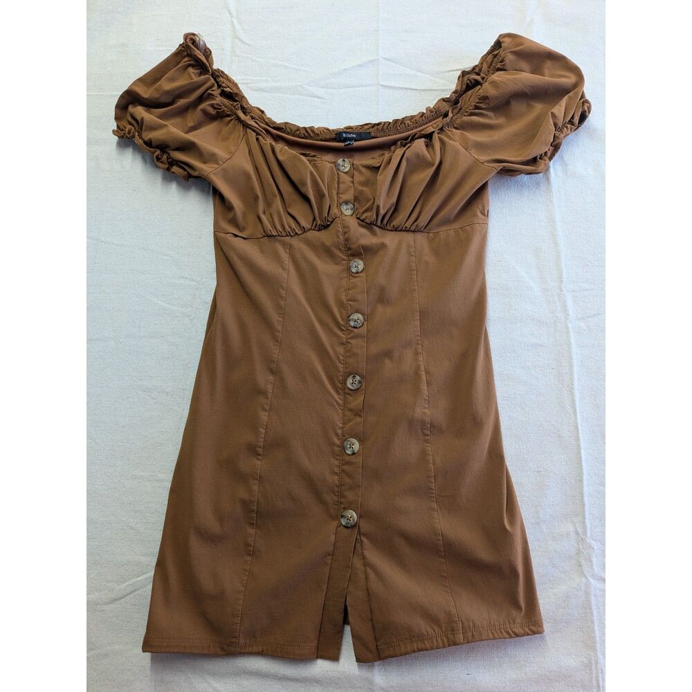 Blashe Brown Puff Sleeve Mini Dress L Button Front Milkmaid Cottagecore